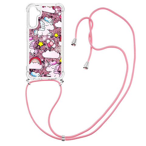 Coque Silicone Housse Etui Gel Bling-Bling avec Laniere Strap YB2 pour Samsung Galaxy A34 5G Or Rose