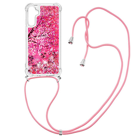 Coque Silicone Housse Etui Gel Bling-Bling avec Laniere Strap YB2 pour Samsung Galaxy A34 5G Rose Rouge