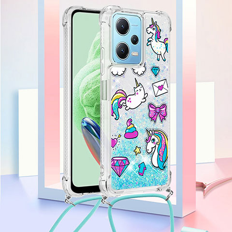 Coque Silicone Housse Etui Gel Bling-Bling avec Laniere Strap YB2 pour Xiaomi Poco X5 5G Bleu Ciel