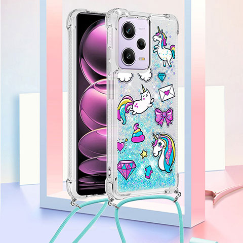 Coque Silicone Housse Etui Gel Bling-Bling avec Laniere Strap YB2 pour Xiaomi Redmi Note 12 Pro 5G Bleu Ciel