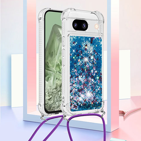 Coque Silicone Housse Etui Gel Bling-Bling avec Laniere Strap YB3 pour Google Pixel 8a 5G Bleu