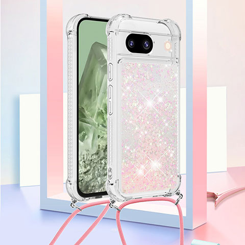 Coque Silicone Housse Etui Gel Bling-Bling avec Laniere Strap YB3 pour Google Pixel 8a 5G Or Rose