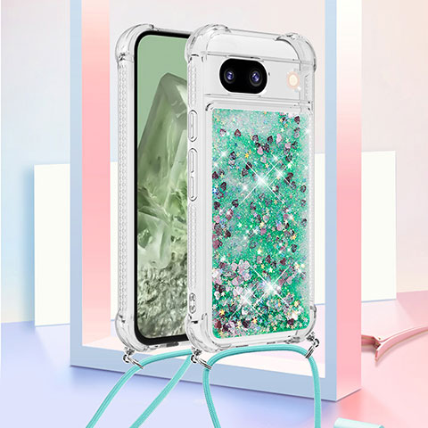 Coque Silicone Housse Etui Gel Bling-Bling avec Laniere Strap YB3 pour Google Pixel 8a 5G Vert