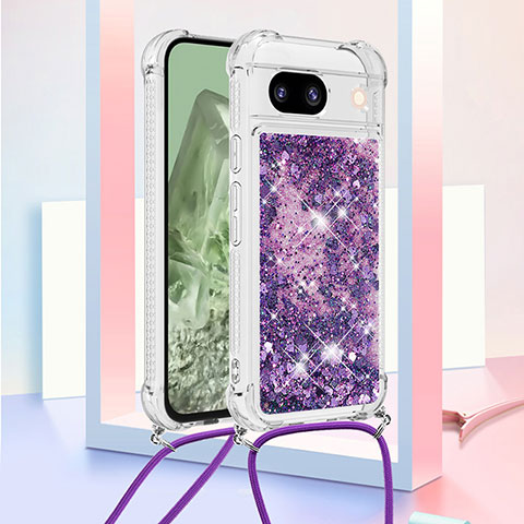 Coque Silicone Housse Etui Gel Bling-Bling avec Laniere Strap YB3 pour Google Pixel 8a 5G Violet