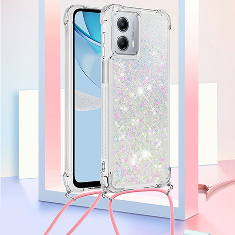 Coque Silicone Housse Etui Gel Bling-Bling avec Laniere Strap YB3 pour Motorola Moto G 5G (2023) Argent