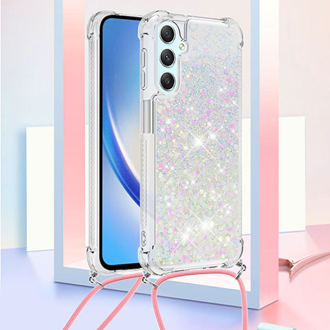 Coque Silicone Housse Etui Gel Bling-Bling avec Laniere Strap YB3 pour Samsung Galaxy A24 4G Argent