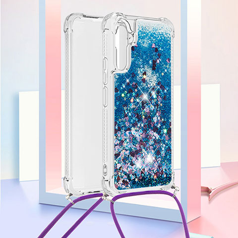 Coque Silicone Housse Etui Gel Bling-Bling avec Laniere Strap YB3 pour Samsung Galaxy A34 5G Bleu