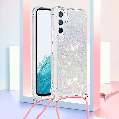 Coque Silicone Housse Etui Gel Bling-Bling avec Laniere Strap YB3 pour Samsung Galaxy A54 5G Argent