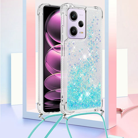 Coque Silicone Housse Etui Gel Bling-Bling avec Laniere Strap YB3 pour Xiaomi Redmi Note 12 Pro 5G Bleu Ciel