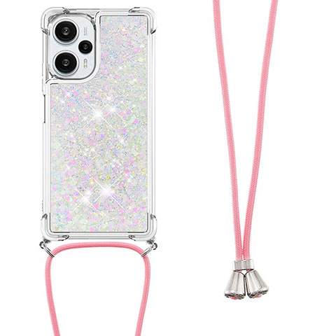 Coque Silicone Housse Etui Gel Bling-Bling avec Laniere Strap YB3 pour Xiaomi Redmi Note 12 Turbo 5G Argent