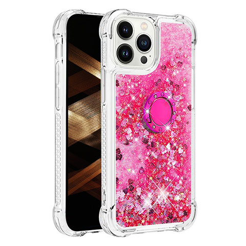 Coque Silicone Housse Etui Gel Bling-Bling avec Support Bague Anneau S01 pour Apple iPhone 13 Pro Rose Rouge