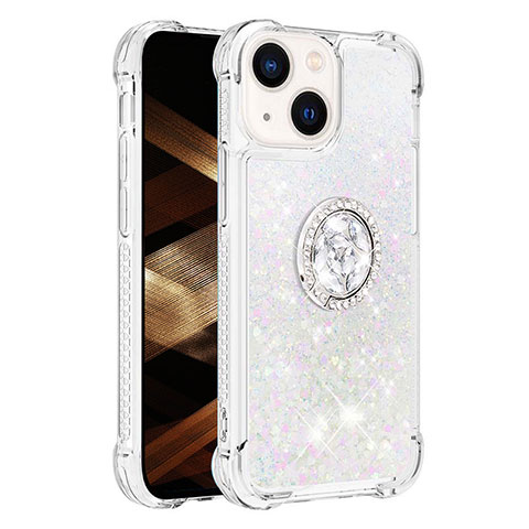 Coque Silicone Housse Etui Gel Bling-Bling avec Support Bague Anneau S01 pour Apple iPhone 14 Argent