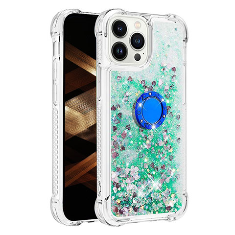 Coque Silicone Housse Etui Gel Bling-Bling avec Support Bague Anneau S01 pour Apple iPhone 14 Pro Max Vert