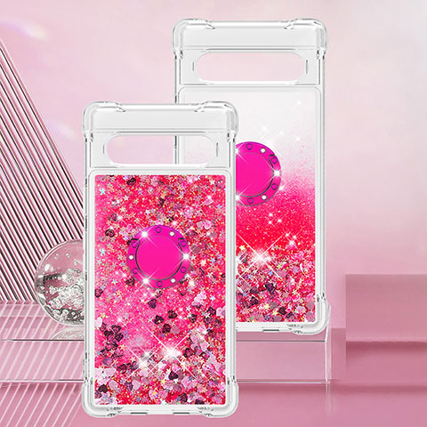 Coque Silicone Housse Etui Gel Bling-Bling avec Support Bague Anneau S01 pour Google Pixel 7a 5G Rose Rouge