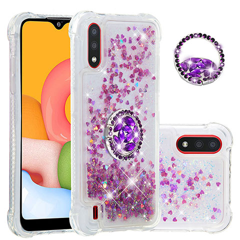 Coque Silicone Housse Etui Gel Bling-Bling avec Support Bague Anneau S01 pour Samsung Galaxy A01 SM-A015 Violet Clair