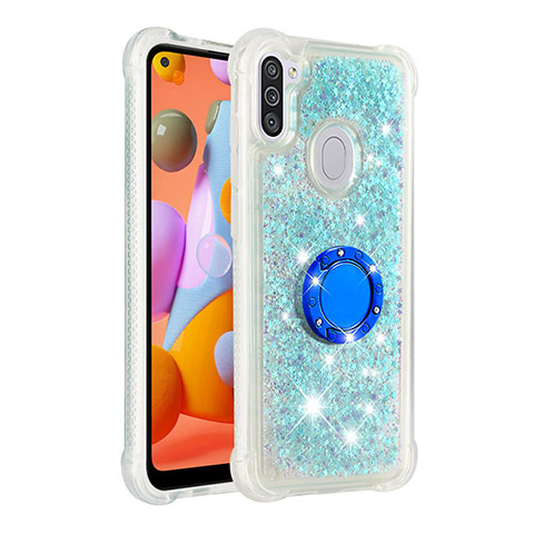 Coque Silicone Housse Etui Gel Bling-Bling avec Support Bague Anneau S01 pour Samsung Galaxy A11 Bleu Ciel