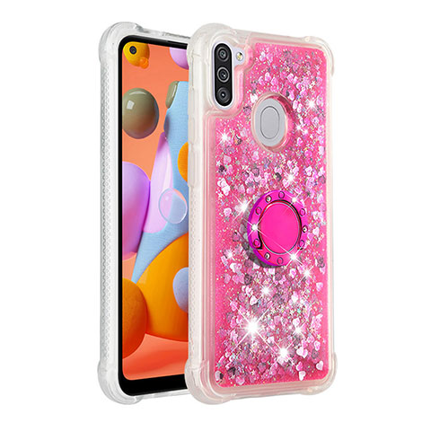 Coque Silicone Housse Etui Gel Bling-Bling avec Support Bague Anneau S01 pour Samsung Galaxy A11 Rose Rouge