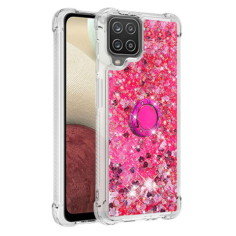 Coque Silicone Housse Etui Gel Bling-Bling avec Support Bague Anneau S01 pour Samsung Galaxy A12 5G Rose Rouge