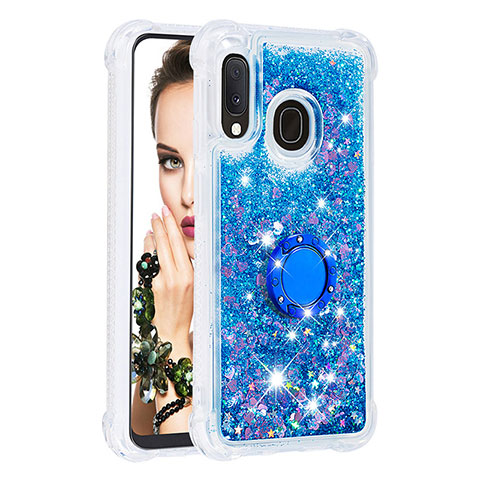 Coque Silicone Housse Etui Gel Bling-Bling avec Support Bague Anneau S01 pour Samsung Galaxy A20e Bleu