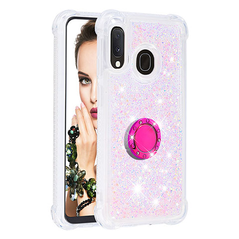 Coque Silicone Housse Etui Gel Bling-Bling avec Support Bague Anneau S01 pour Samsung Galaxy A20e Rose