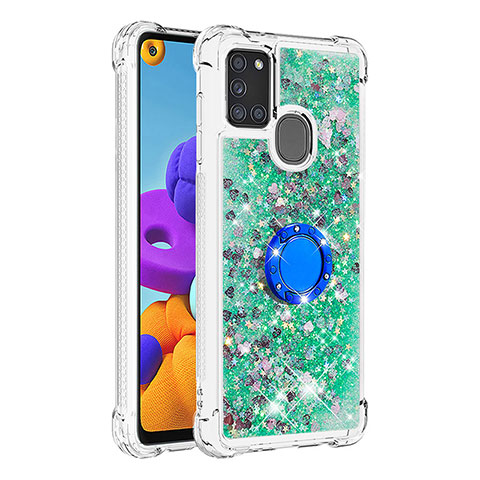 Coque Silicone Housse Etui Gel Bling-Bling avec Support Bague Anneau S01 pour Samsung Galaxy A21s Vert