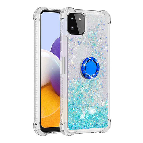 Coque Silicone Housse Etui Gel Bling-Bling avec Support Bague Anneau S01 pour Samsung Galaxy A22 5G Cyan