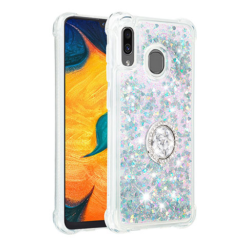 Coque Silicone Housse Etui Gel Bling-Bling avec Support Bague Anneau S01 pour Samsung Galaxy A30 Argent