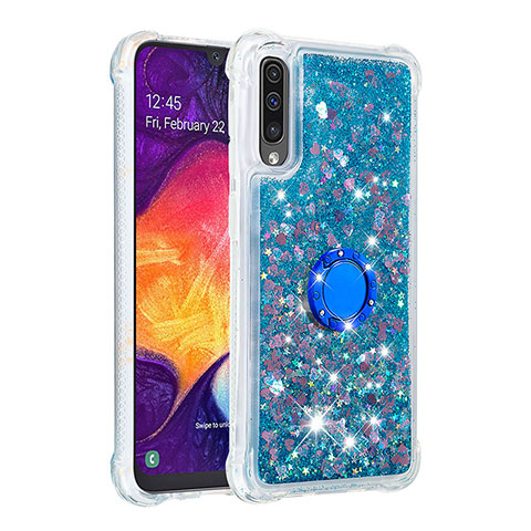 Coque Silicone Housse Etui Gel Bling-Bling avec Support Bague Anneau S01 pour Samsung Galaxy A30S Bleu