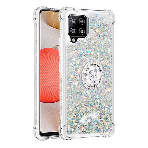 Coque Silicone Housse Etui Gel Bling-Bling avec Support Bague Anneau S01 pour Samsung Galaxy A42 5G Argent