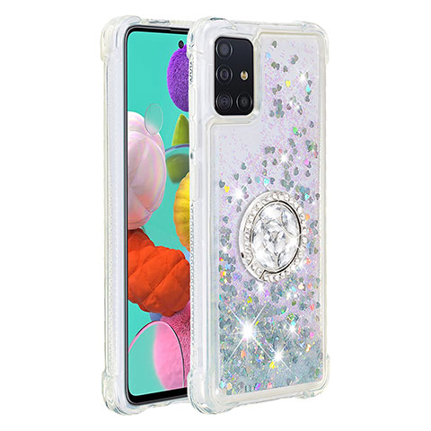 Coque Silicone Housse Etui Gel Bling-Bling avec Support Bague Anneau S01 pour Samsung Galaxy A51 5G Argent