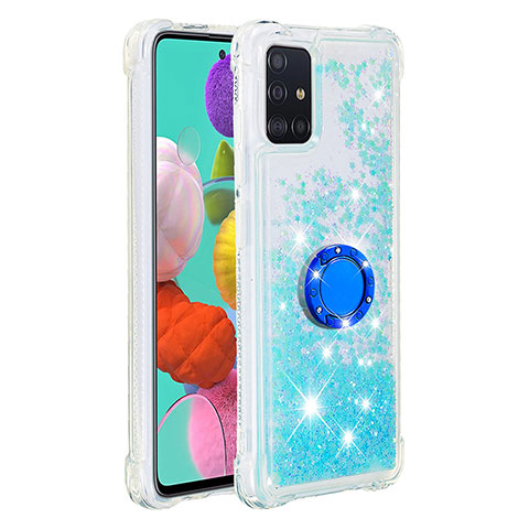 Coque Silicone Housse Etui Gel Bling-Bling avec Support Bague Anneau S01 pour Samsung Galaxy A51 5G Bleu Ciel