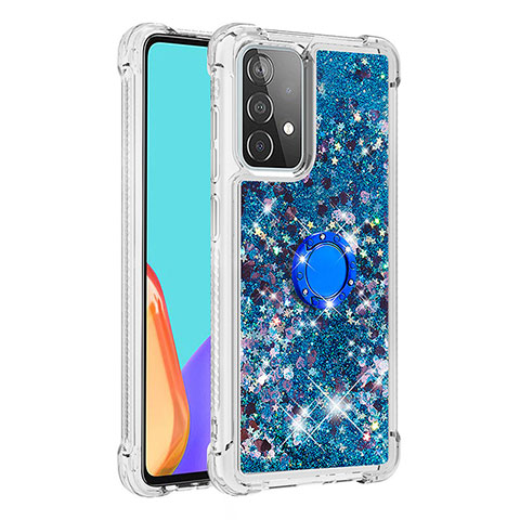 Coque Silicone Housse Etui Gel Bling-Bling avec Support Bague Anneau S01 pour Samsung Galaxy A52 5G Bleu