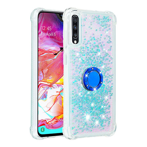 Coque Silicone Housse Etui Gel Bling-Bling avec Support Bague Anneau S01 pour Samsung Galaxy A70 Bleu Ciel