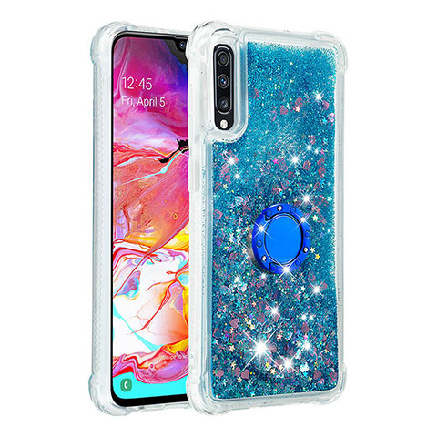 Coque Silicone Housse Etui Gel Bling-Bling avec Support Bague Anneau S01 pour Samsung Galaxy A70S Bleu