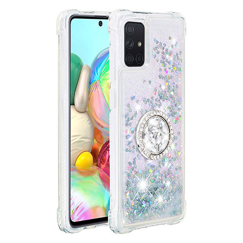 Coque Silicone Housse Etui Gel Bling-Bling avec Support Bague Anneau S01 pour Samsung Galaxy A71 4G A715 Argent