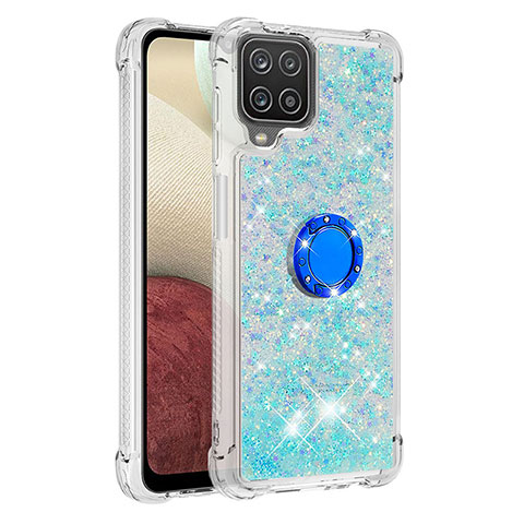 Coque Silicone Housse Etui Gel Bling-Bling avec Support Bague Anneau S01 pour Samsung Galaxy F12 Bleu Ciel