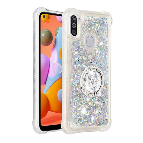 Coque Silicone Housse Etui Gel Bling-Bling avec Support Bague Anneau S01 pour Samsung Galaxy M11 Argent