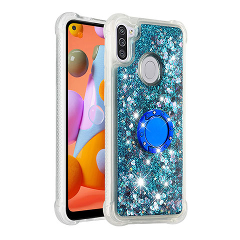 Coque Silicone Housse Etui Gel Bling-Bling avec Support Bague Anneau S01 pour Samsung Galaxy M11 Bleu