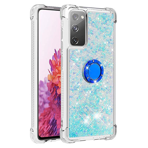 Coque Silicone Housse Etui Gel Bling-Bling avec Support Bague Anneau S01 pour Samsung Galaxy S20 FE (2022) 5G Bleu Ciel