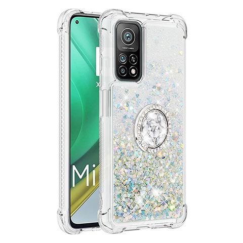 Coque Silicone Housse Etui Gel Bling-Bling avec Support Bague Anneau S01 pour Xiaomi Mi 10T Pro 5G Argent