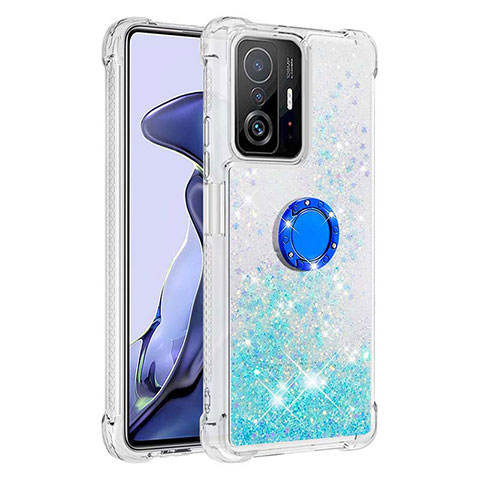 Coque Silicone Housse Etui Gel Bling-Bling avec Support Bague Anneau S01 pour Xiaomi Mi 11T 5G Bleu Ciel