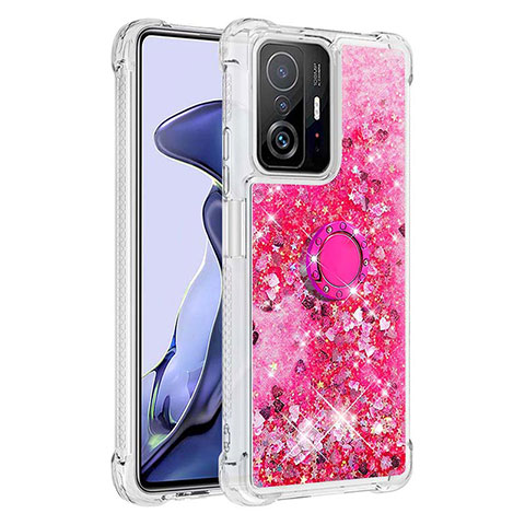 Coque Silicone Housse Etui Gel Bling-Bling avec Support Bague Anneau S01 pour Xiaomi Mi 11T 5G Rose Rouge