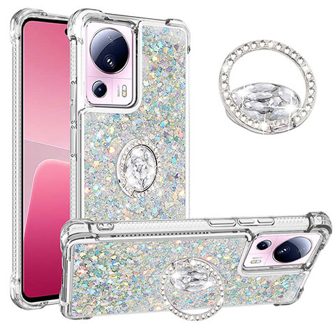 Coque Silicone Housse Etui Gel Bling-Bling avec Support Bague Anneau S01 pour Xiaomi Mi 13 Lite 5G Bleu Ciel