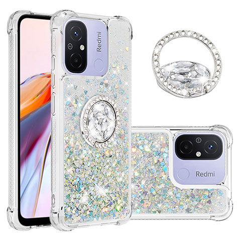 Coque Silicone Housse Etui Gel Bling-Bling avec Support Bague Anneau S01 pour Xiaomi Poco C55 Bleu Ciel