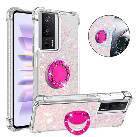 Coque Silicone Housse Etui Gel Bling-Bling avec Support Bague Anneau S01 pour Xiaomi Poco F5 Pro 5G Rose