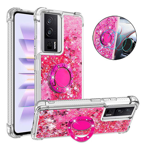 Coque Silicone Housse Etui Gel Bling-Bling avec Support Bague Anneau S01 pour Xiaomi Poco F5 Pro 5G Rose Rouge