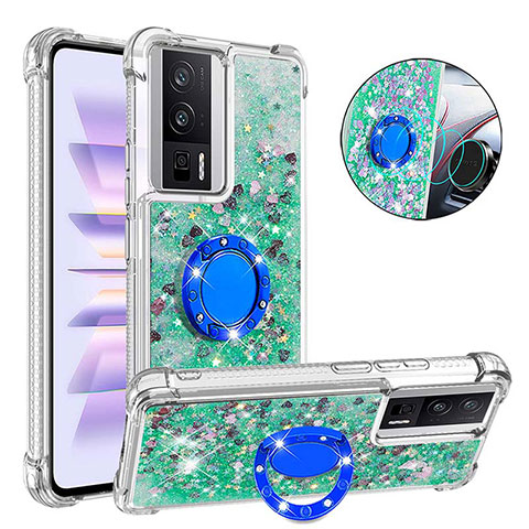 Coque Silicone Housse Etui Gel Bling-Bling avec Support Bague Anneau S01 pour Xiaomi Poco F5 Pro 5G Vert