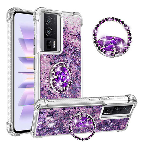 Coque Silicone Housse Etui Gel Bling-Bling avec Support Bague Anneau S01 pour Xiaomi Poco F5 Pro 5G Violet