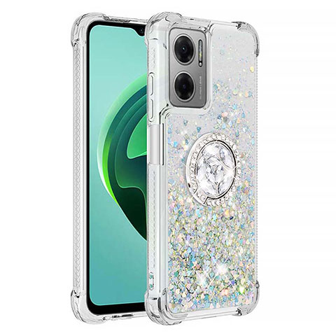 Coque Silicone Housse Etui Gel Bling-Bling avec Support Bague Anneau S01 pour Xiaomi Redmi 10 Prime Plus 5G Argent