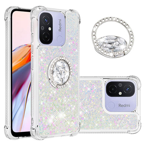 Coque Silicone Housse Etui Gel Bling-Bling avec Support Bague Anneau S01 pour Xiaomi Redmi 11A 4G Argent